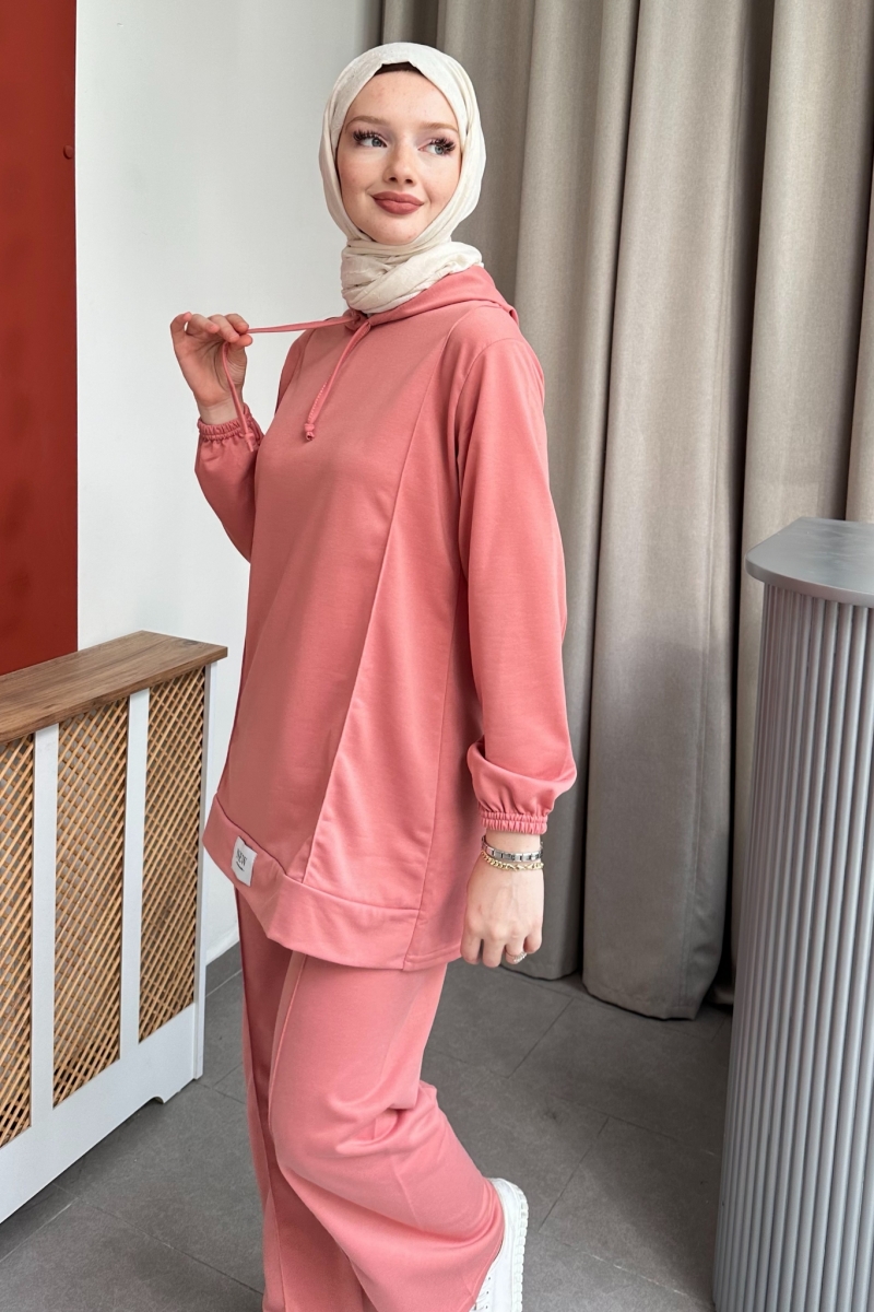 Kapüşonlu Yaka Bağcıklı İkili Pembe Takım
