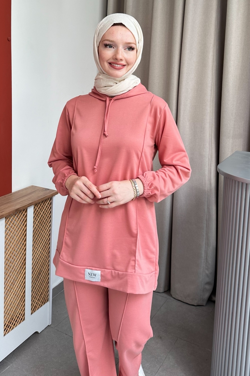 Kapüşonlu Yaka Bağcıklı İkili Pembe Takım