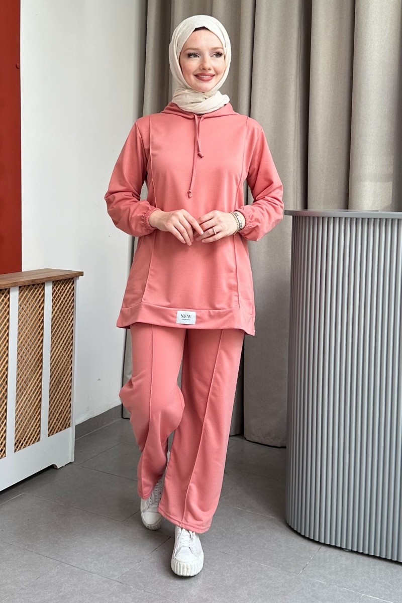 Kapüşonlu Yaka Bağcıklı İkili Pembe Takım
