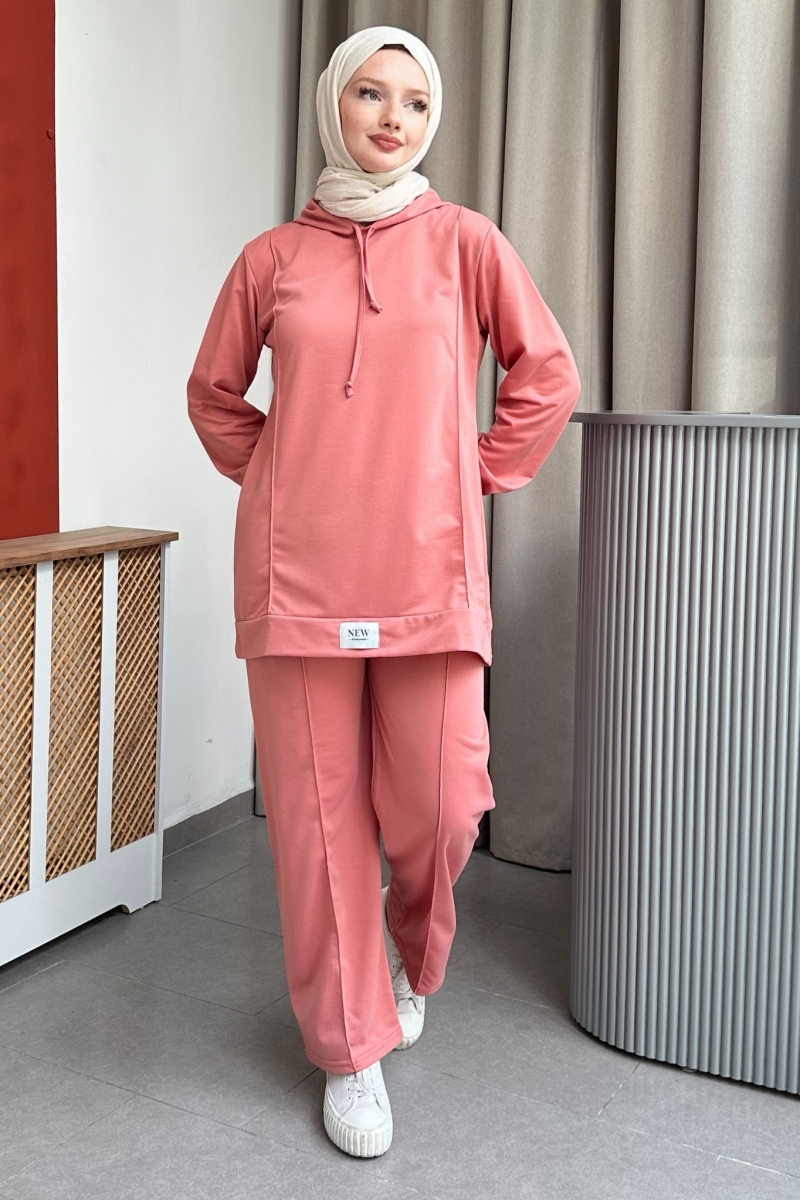 Kapüşonlu Yaka Bağcıklı İkili Pembe Takım