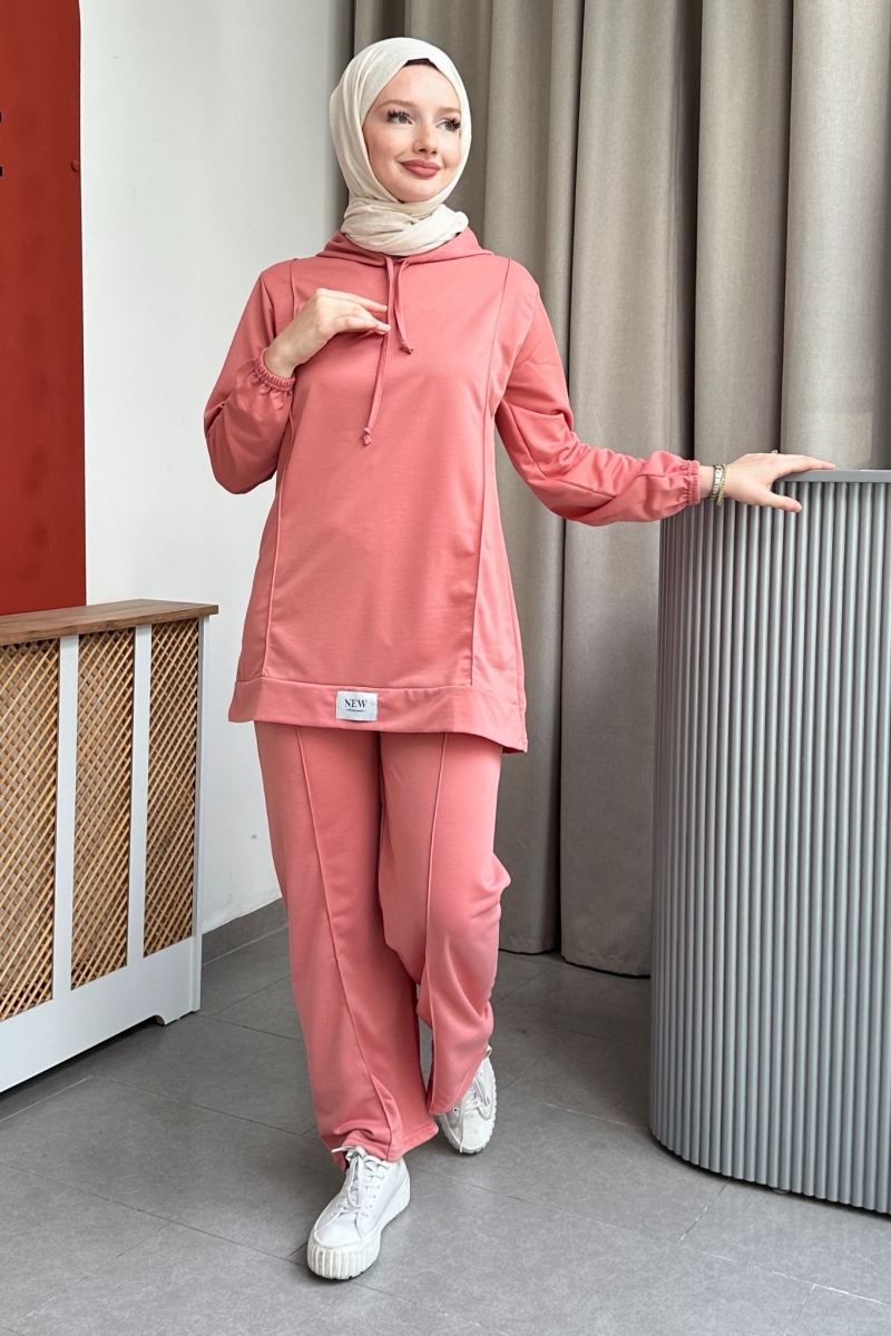 Kapüşonlu Yaka Bağcıklı İkili Pembe Takım