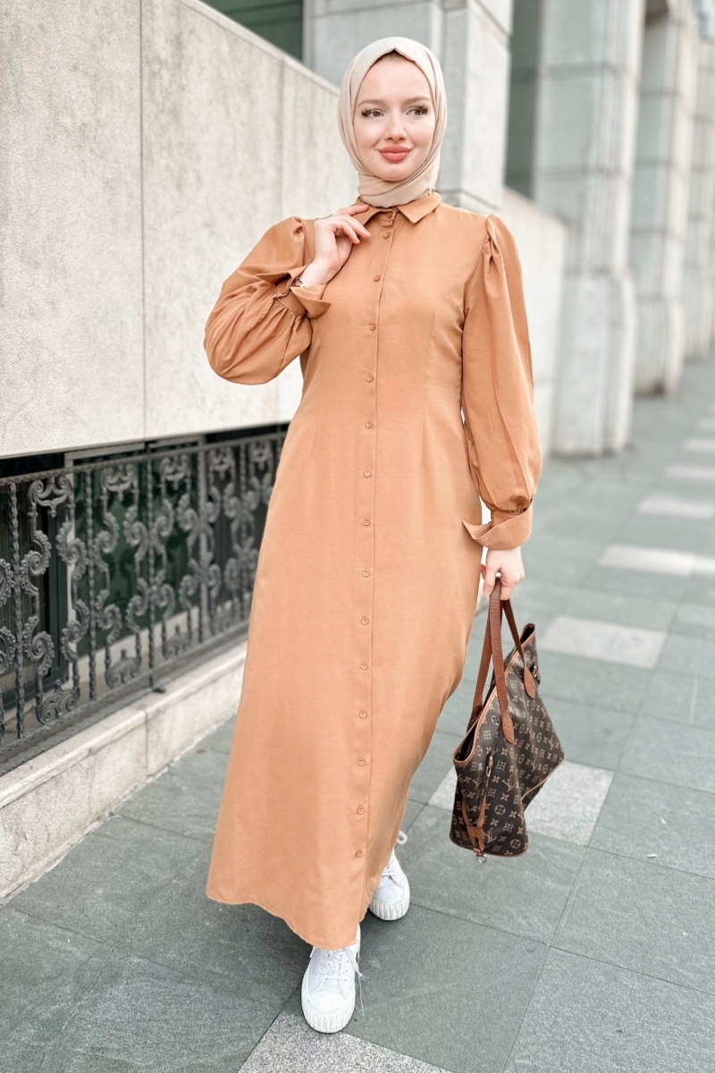 Komple Düğmeli Gömlek Yaka Camel Elbise