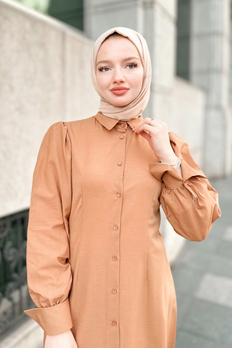Komple Düğmeli Gömlek Yaka Camel Elbise