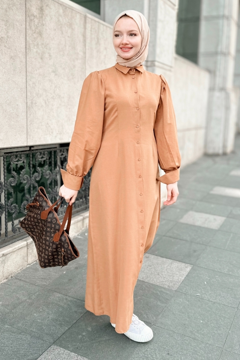 Komple Düğmeli Gömlek Yaka Camel Elbise