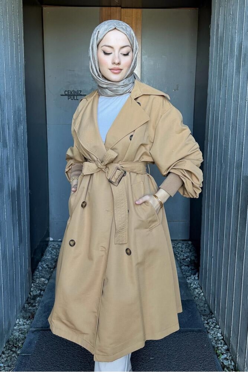 Kol Büzgülü Camel Trençkot