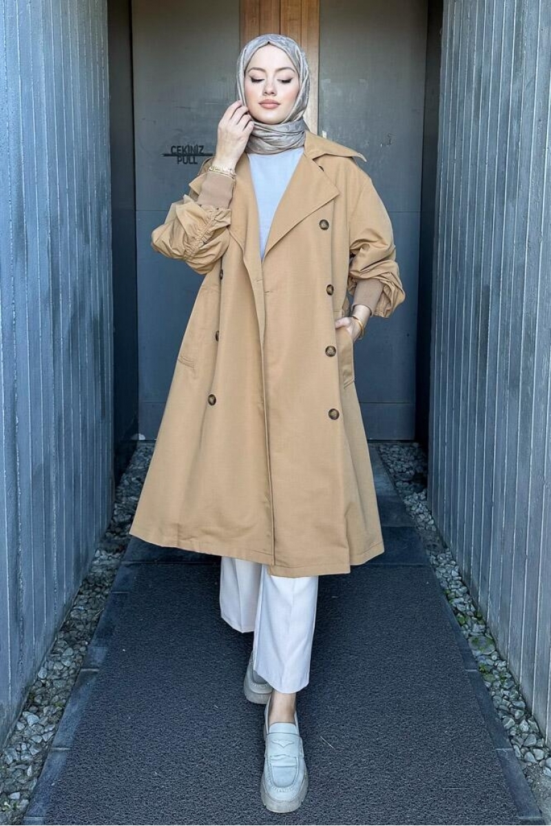 Kol Büzgülü Camel Trençkot