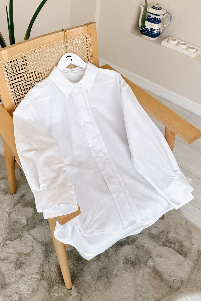 Ön Gizli Düğmeli Oversize Beyaz Gömlek