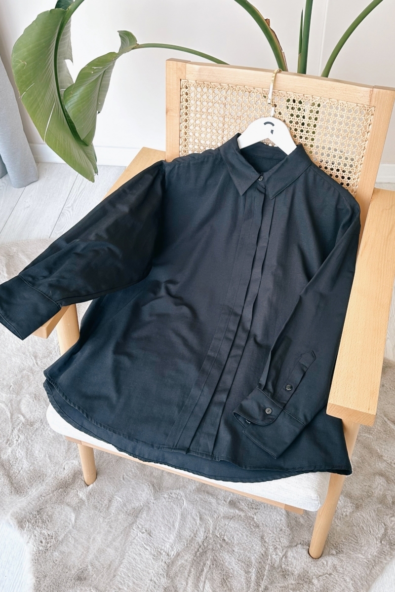Ön Gizli Düğmeli Oversize Siyah Tunik