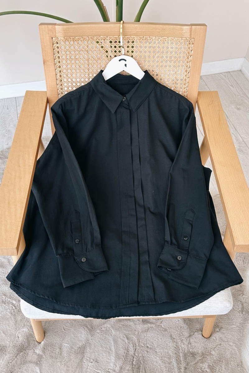 Ön Gizli Düğmeli Oversize Siyah Tunik