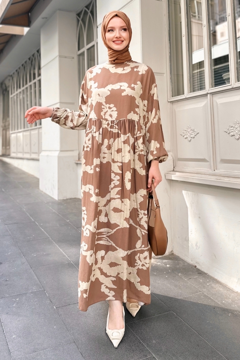 Geniş Kesim Desenli Camel Elbise