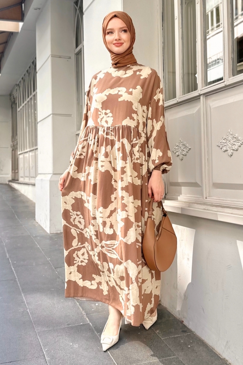 Geniş Kesim Desenli Camel Elbise