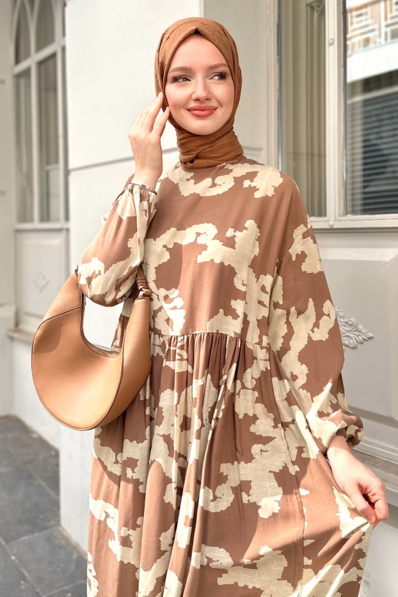 Geniş Kesim Desenli Camel Elbise