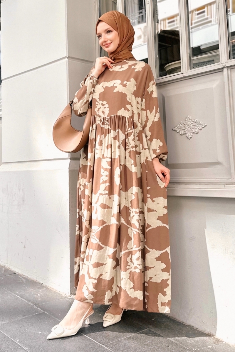Geniş Kesim Desenli Camel Elbise