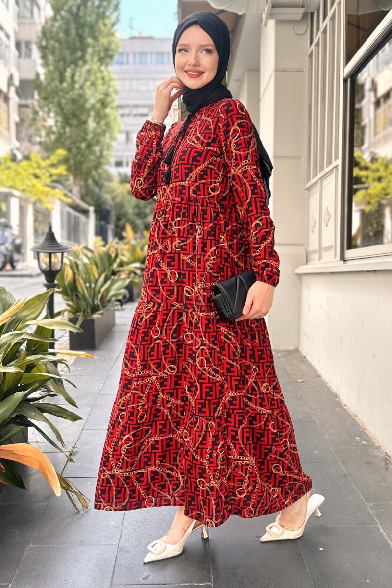 Yaka Bağlma Detaylı Geniş Kesim Bordo Elbise