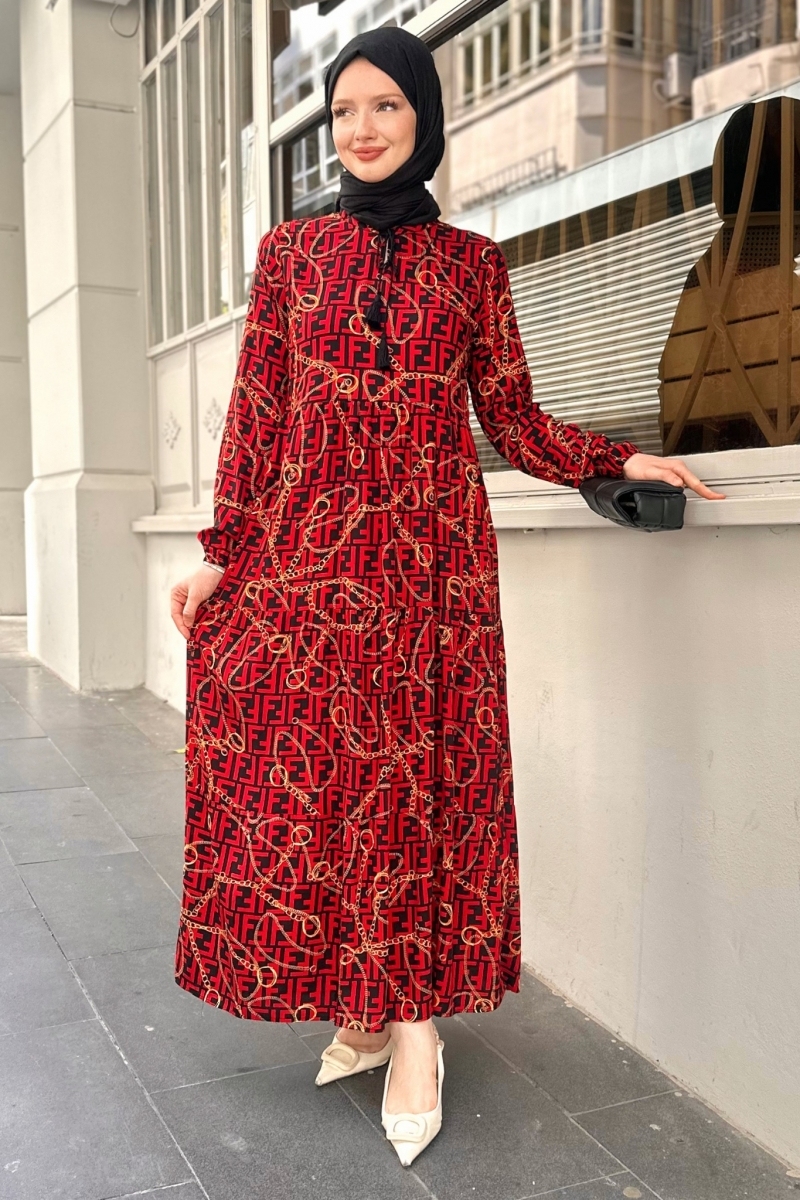 Yaka Bağlma Detaylı Geniş Kesim Bordo Elbise