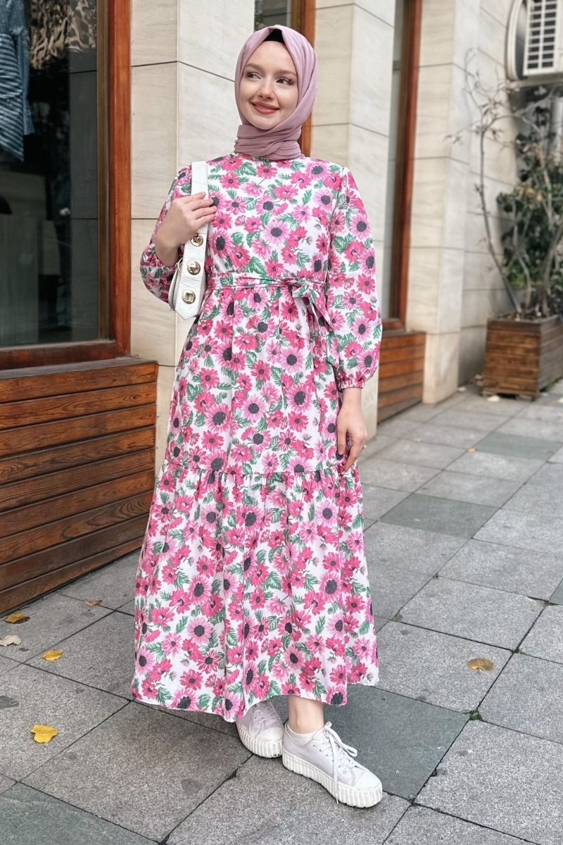 Papatya Desenli Kuşaklı Kat Kat Pembe Elbise