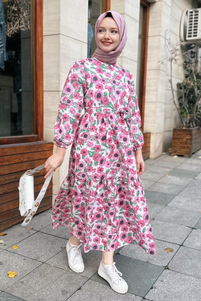 Papatya Desenli Kuşaklı Kat Kat Pembe Elbise