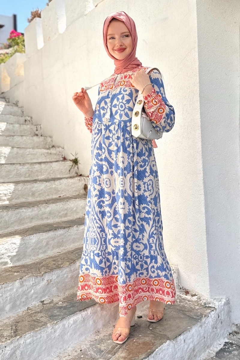 Salaş Desenli Mavi Elbise